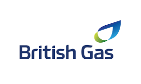 British Gas logo: dark blue text, stylized blue/green water droplet.