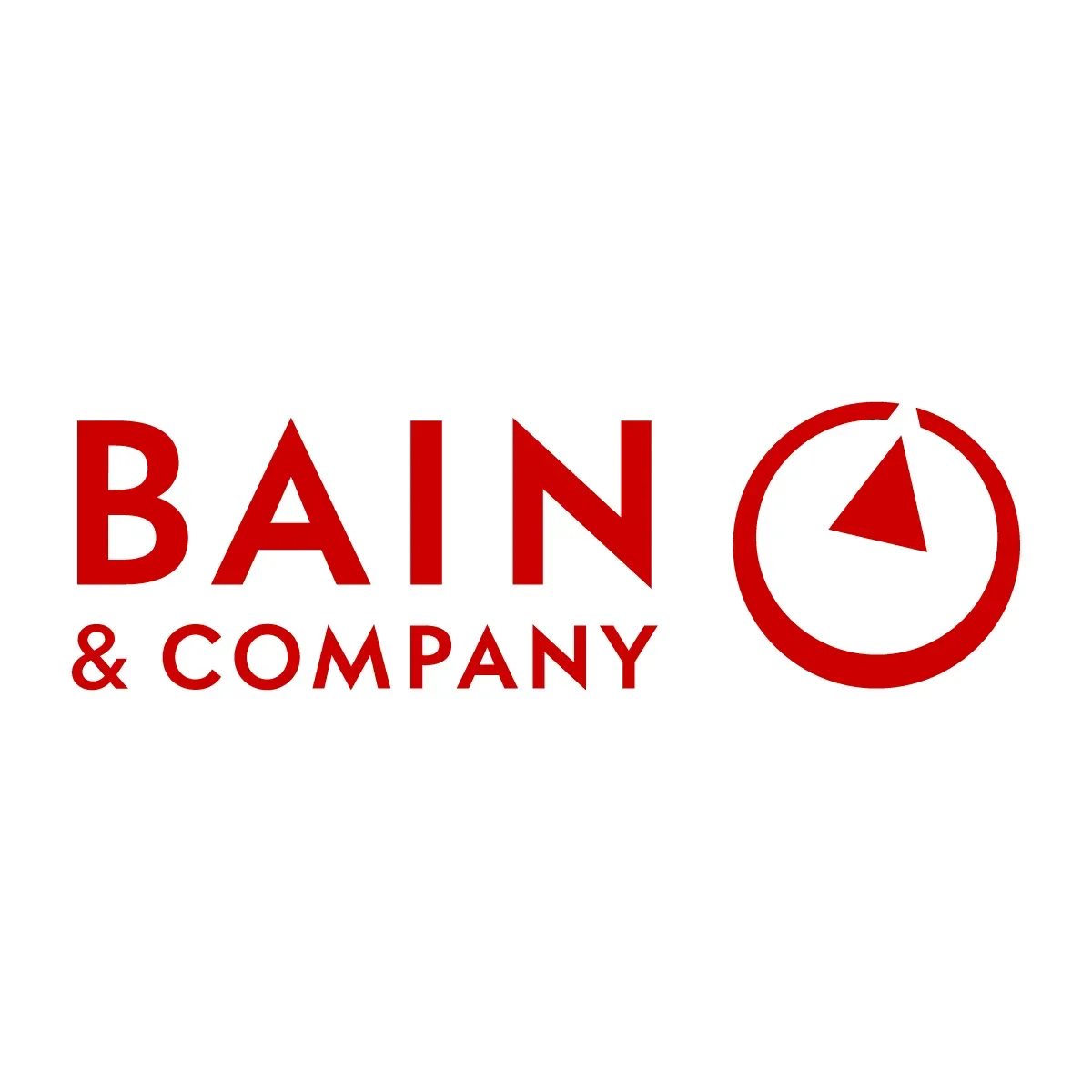 Bain & Company logo: Red text and clock symbol on white background.