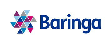 Logo of Baringa, with a blue text and geometric pattern.