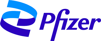 Pfizer logo: blue and light blue ribbon-like structure next to the company name in dark blue.