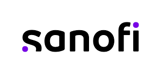Sanofi logo: Black text with purple dots replacing the letter