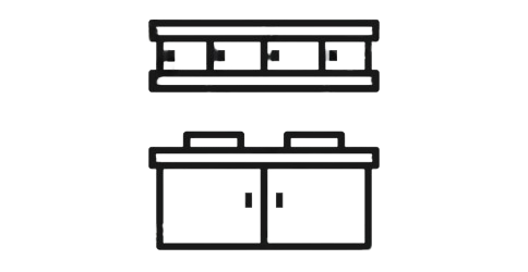 A black and white drawing of a kitchen cabinet and shelf.