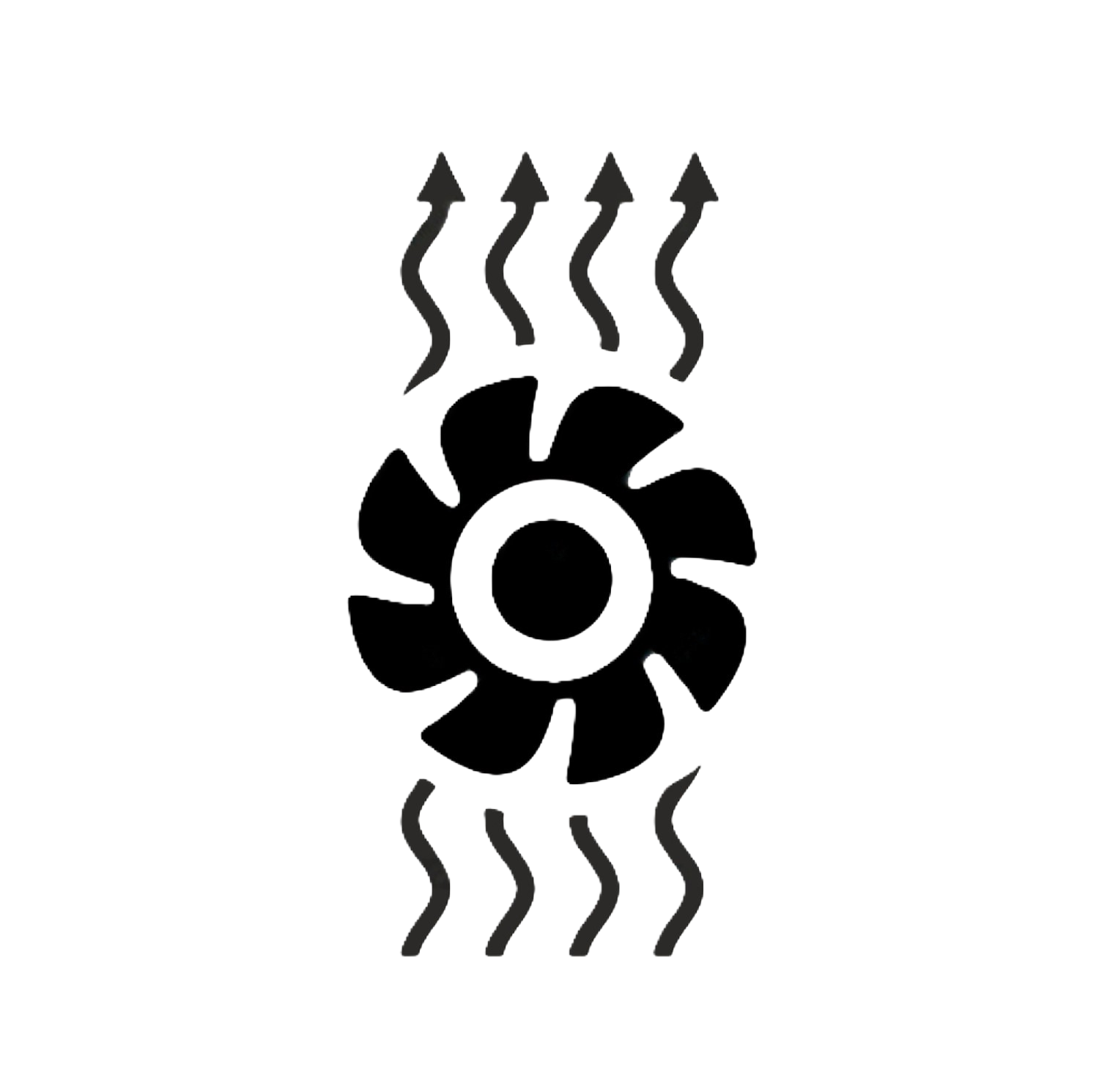 A black and white icon of a fan with steam coming out of it.