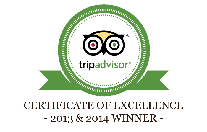 Tripadvisor Certificate of Excellence, 2013 & 2014 Winner, green ribbon badge