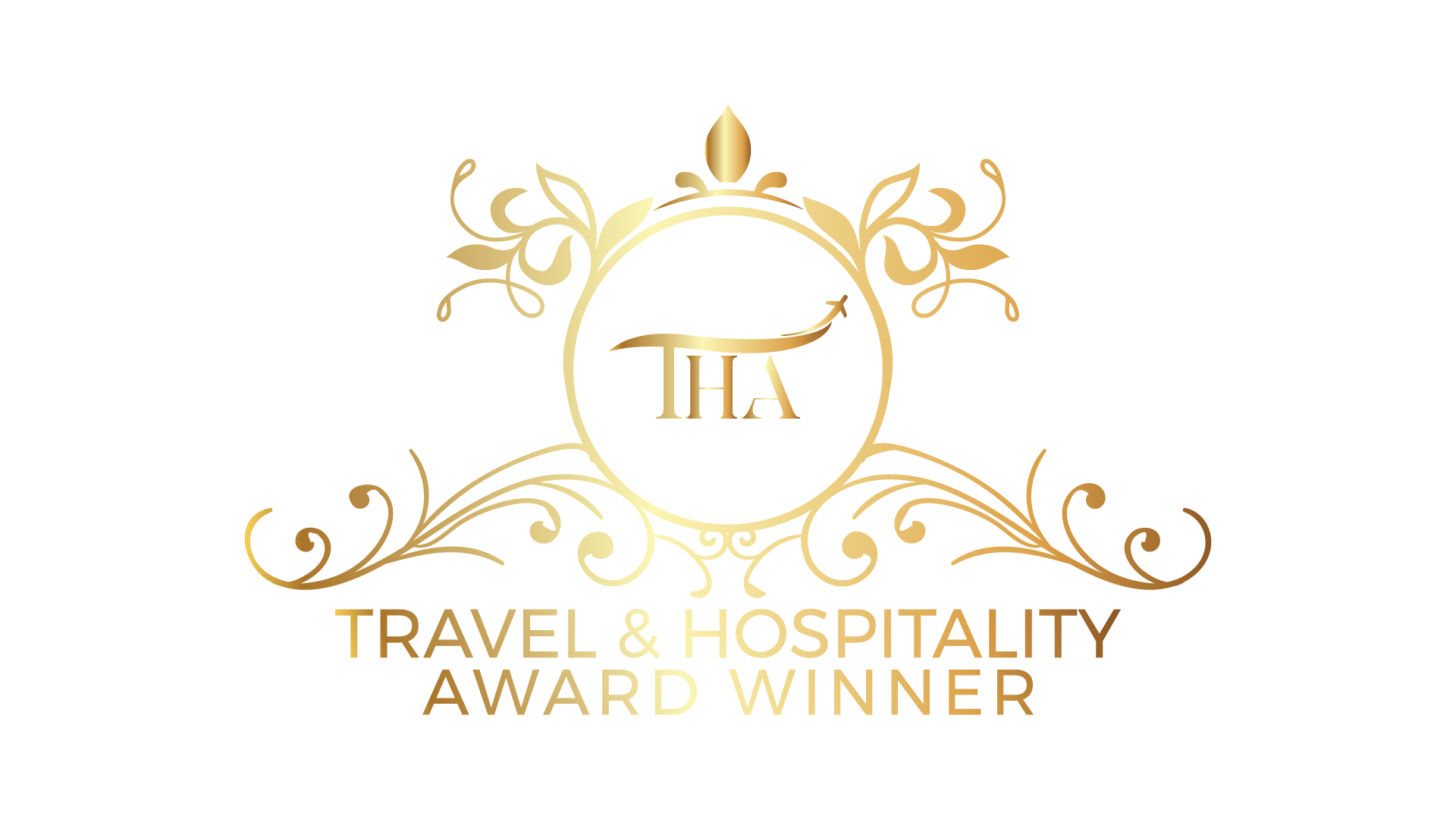 Gold “Travel & Hospitality Award Winner” emblem with ornate flourishes and circular central logo