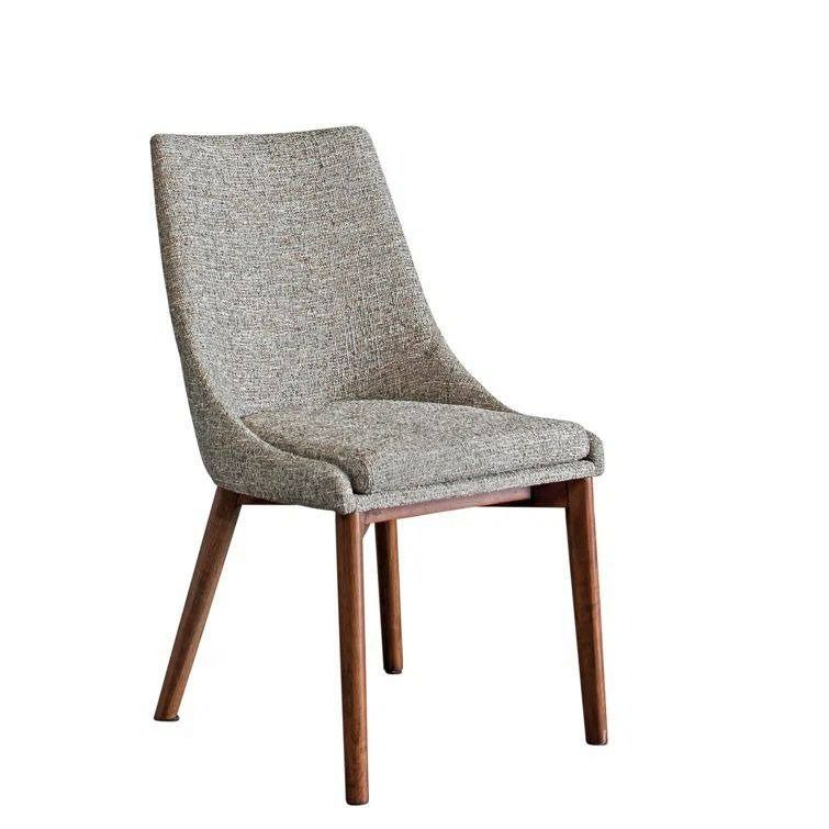 Upholstered chair with gray fabric and wooden legs, set against a white background.