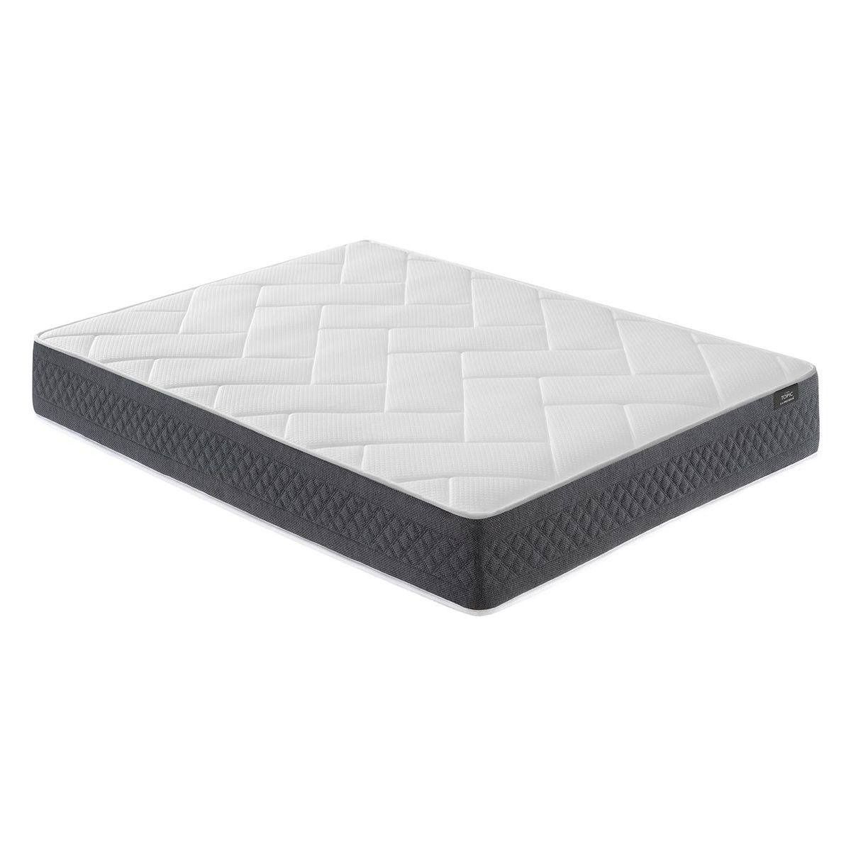 White and gray mattress with a stitched pattern.