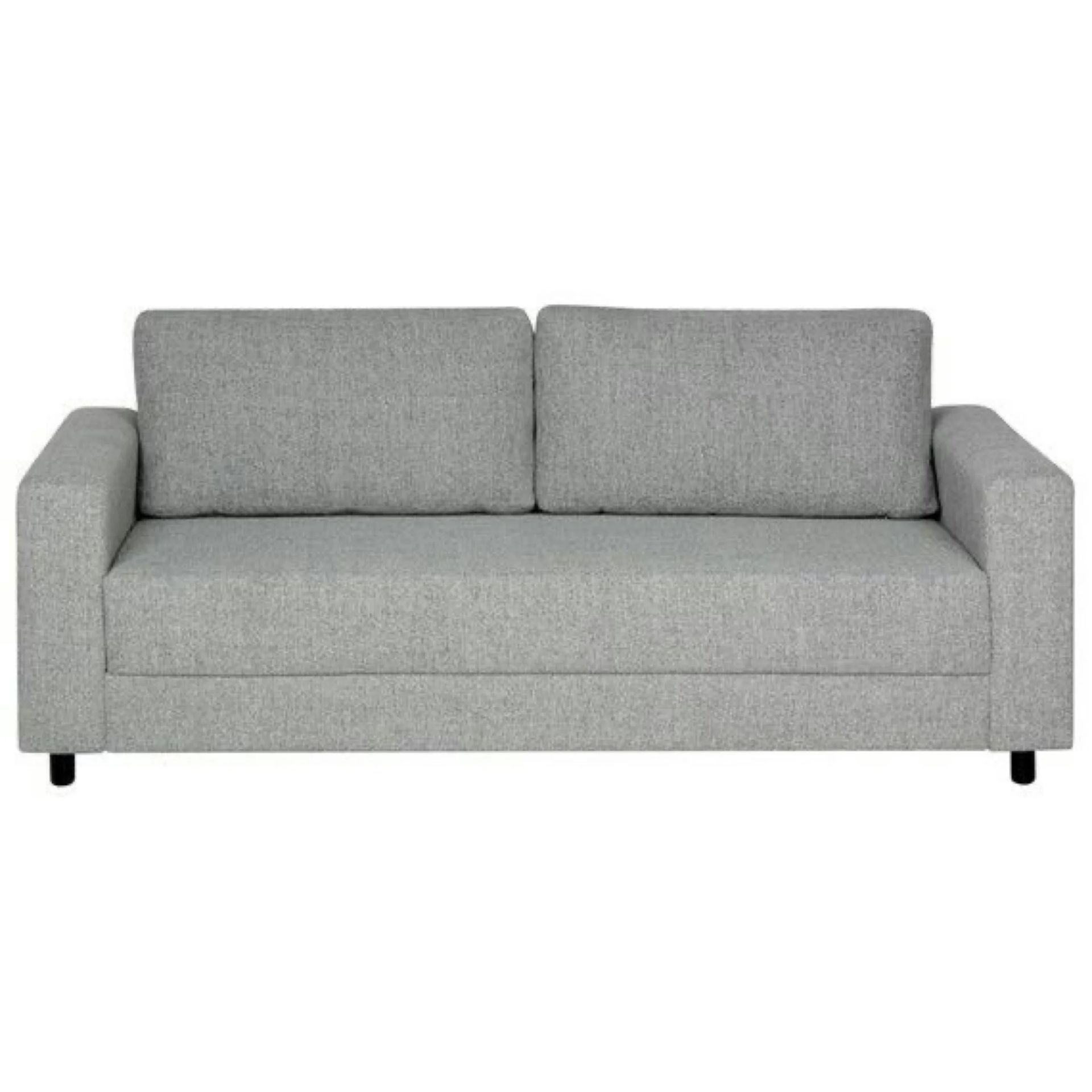 Light gray two-seat sofa with block arms, a two-cushion back, and black legs.