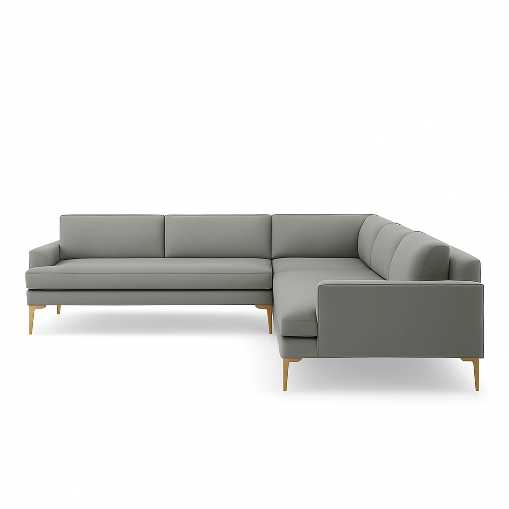 Gray L-shaped sectional sofa with wooden legs, on a white background.
