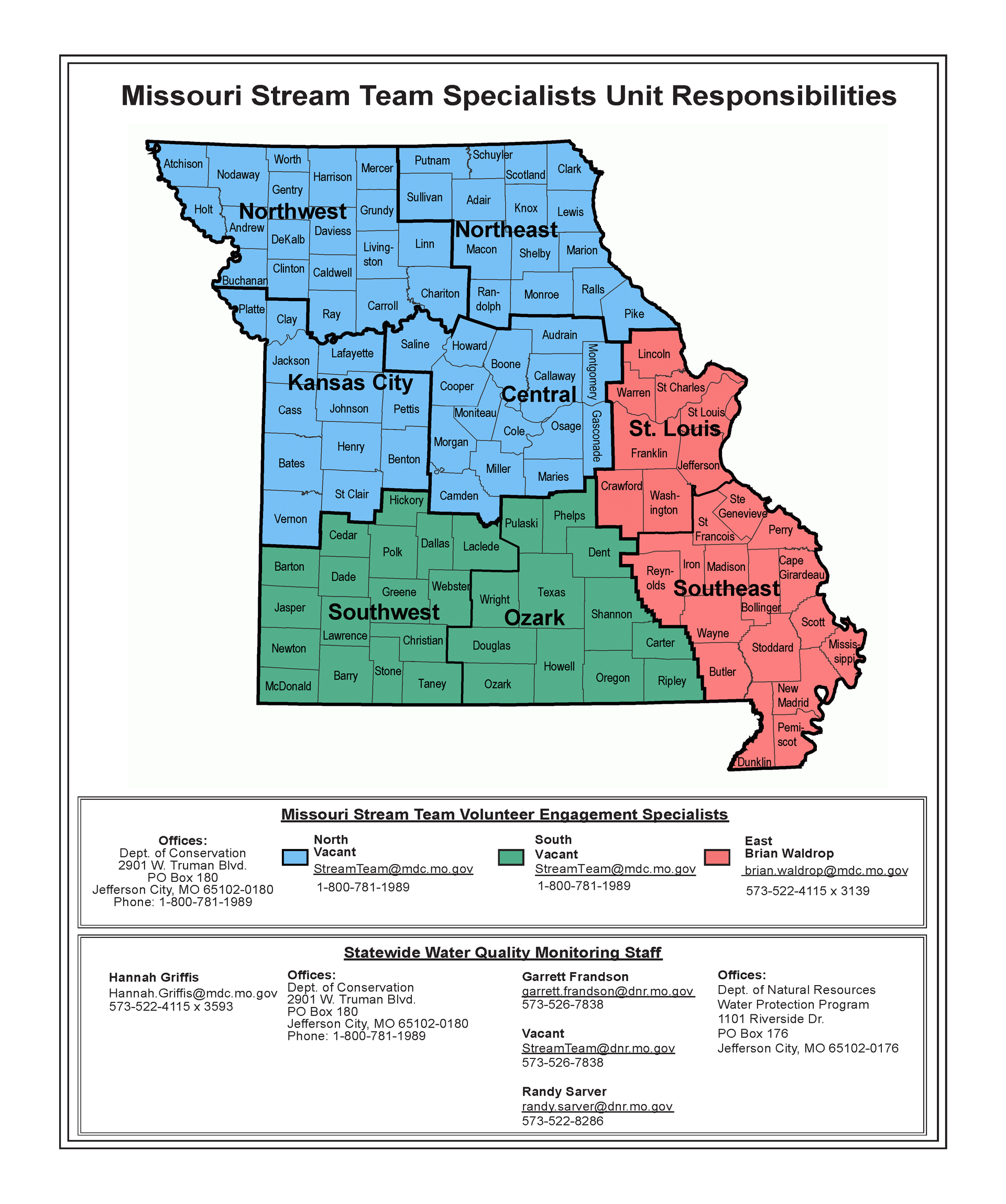 Map of Missouri stream team special status unit responsibilities, color-coded by region.