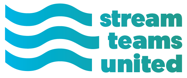 A blue and white logo for stream teams united