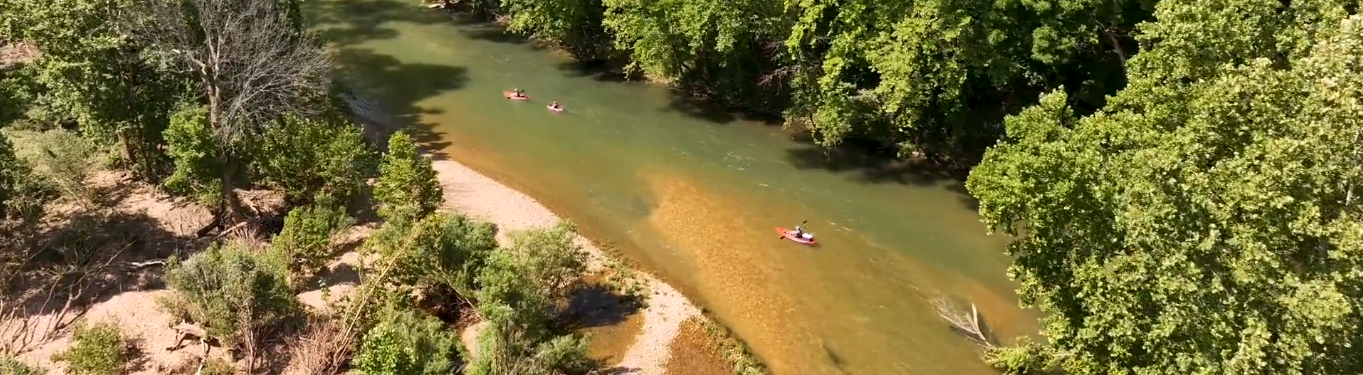 An aerial view of a river surrounded by trees.