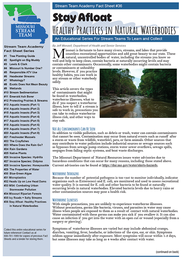 A flyer titled stay afloat healthy practices in natural waterbodies