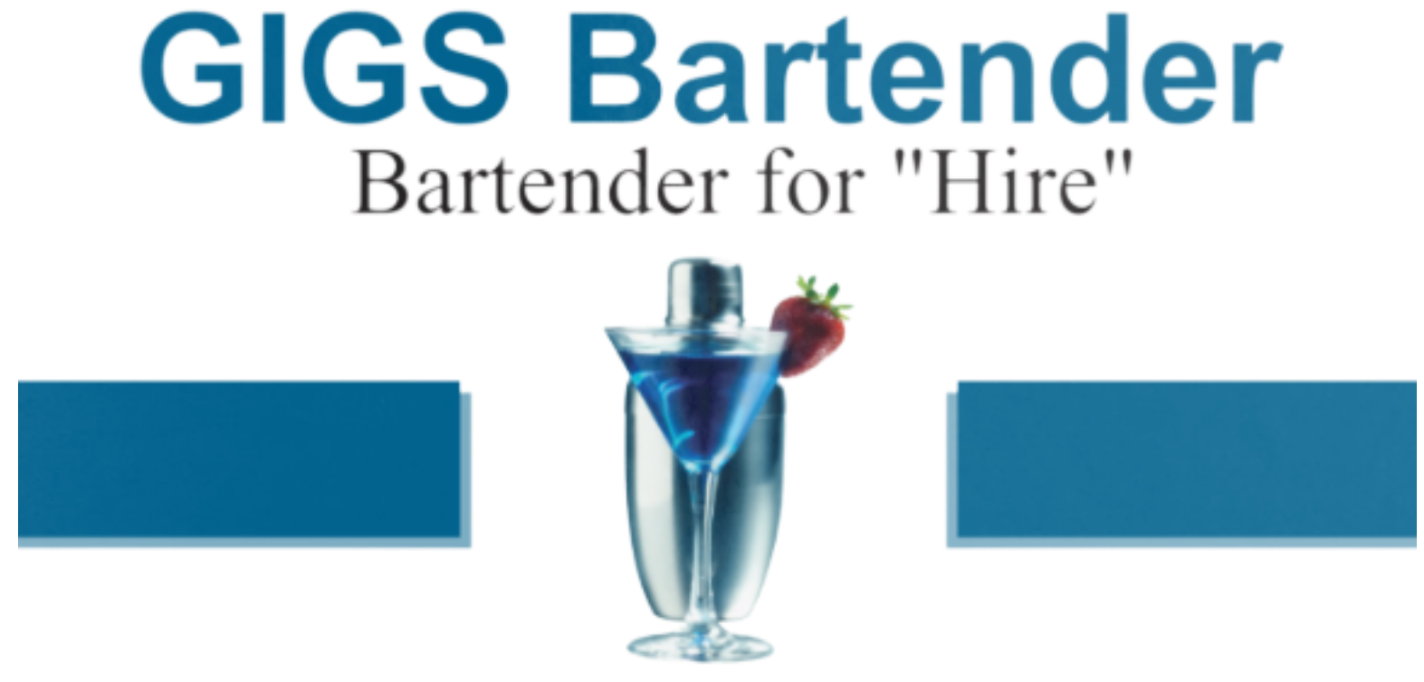 GIGS Bartender logo. Cocktail shaker with blue liquid and strawberry garnish. Blue rectangles on each side. GIGS Bartender logo with a cocktail shaker and blocks for information.