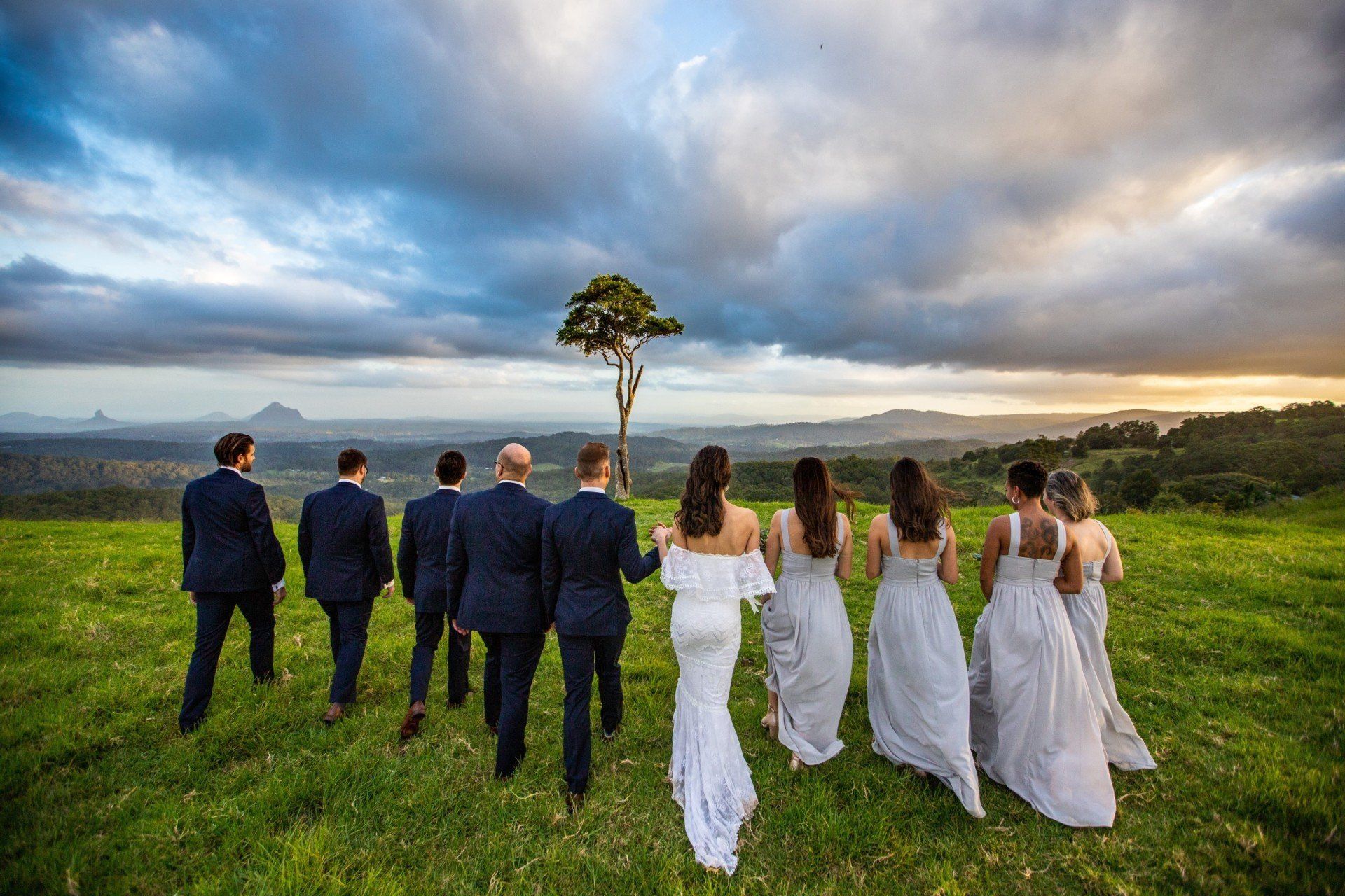 Wedding videography -  a group of people standing in a field with a tree in the middle .