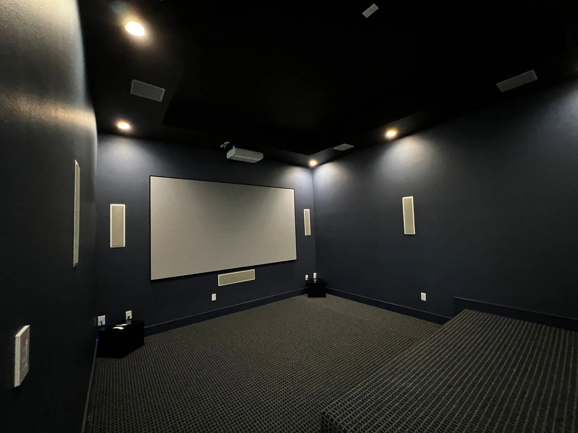 A dark-walled home theater with a projector screen, speakers, and plush carpet.