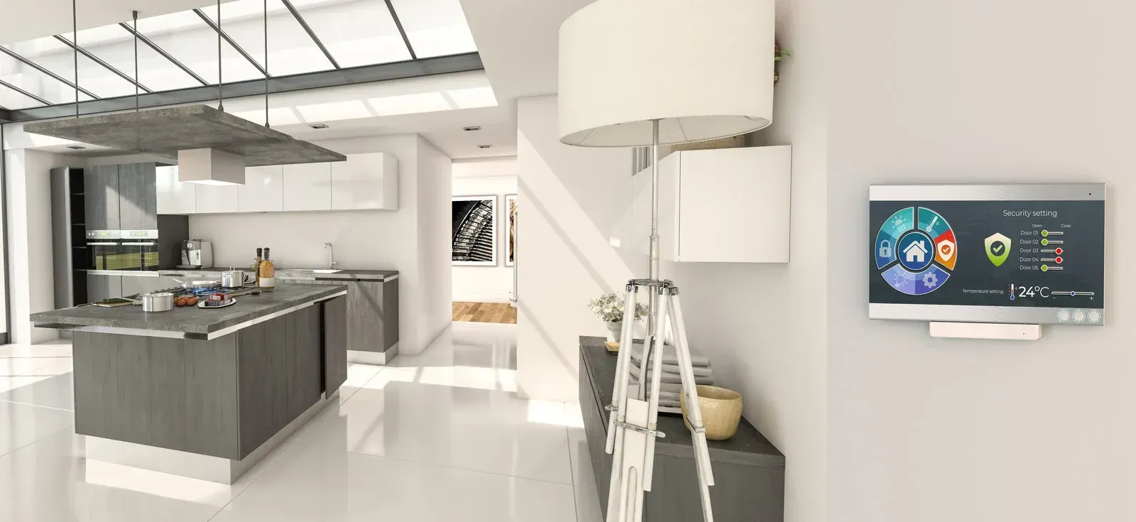 A kitchen with a large island and a television on the wall.