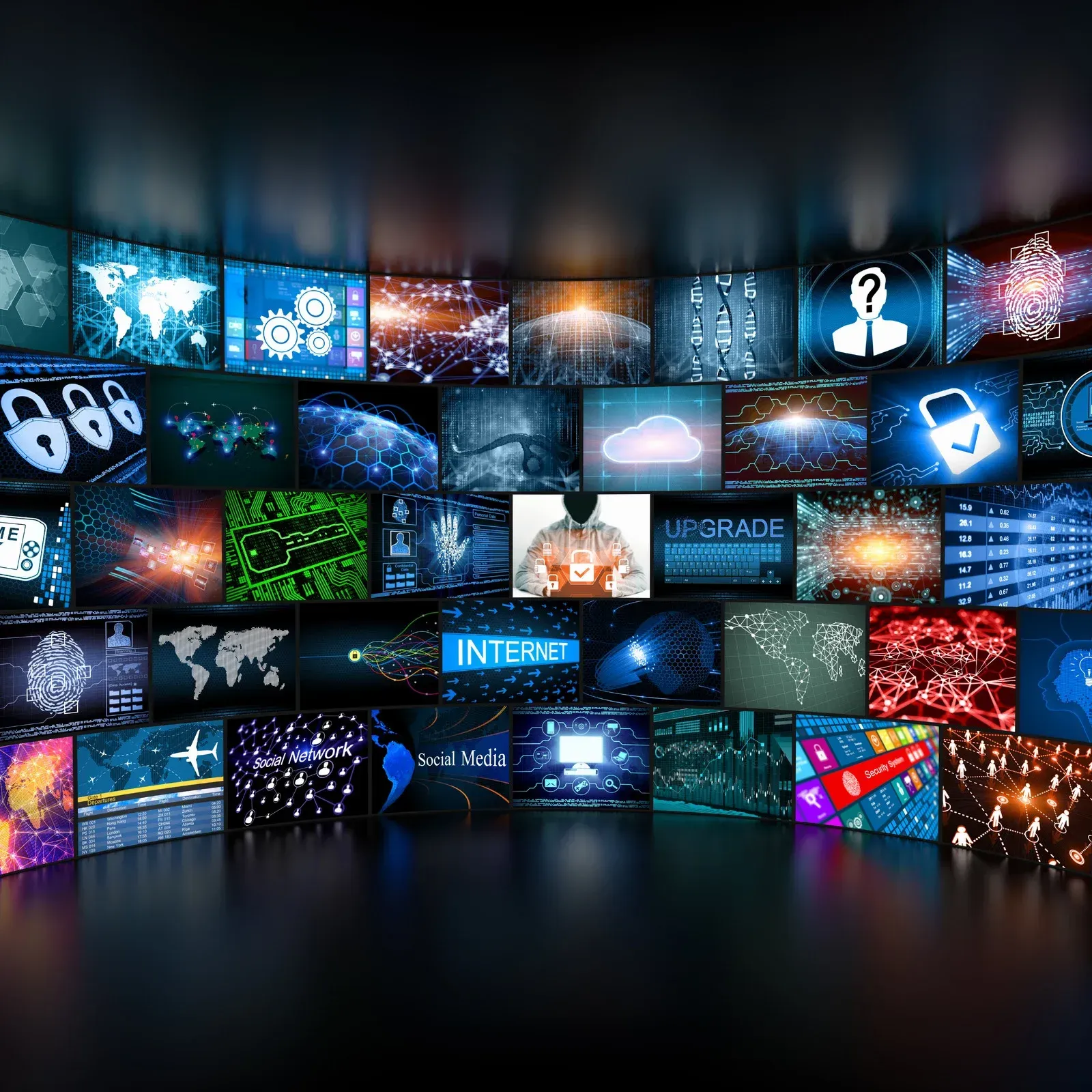 A collage of television screens with the word internet in the middle