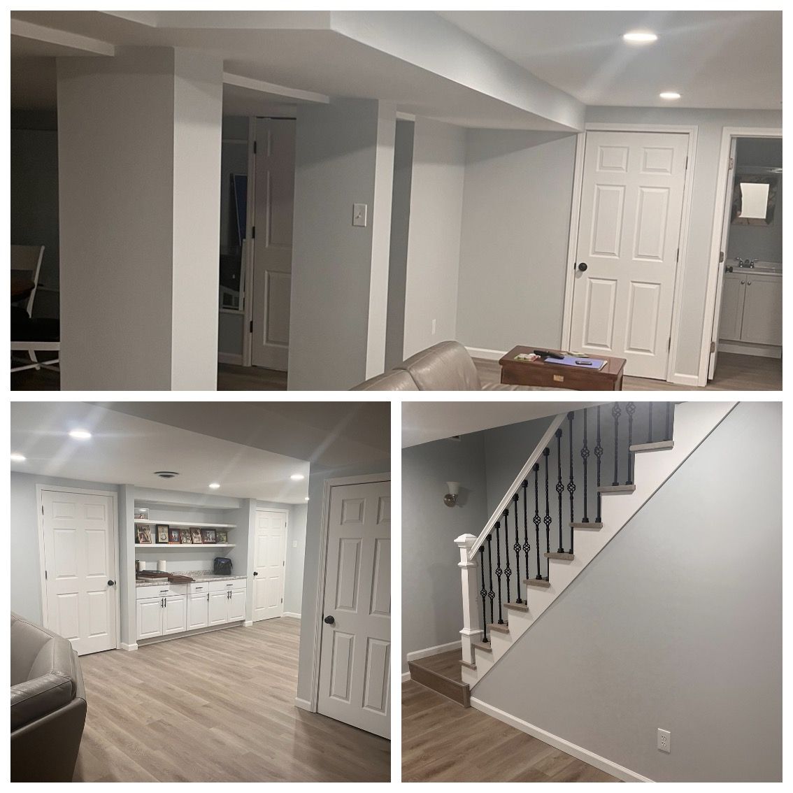 A collage of pictures of a basement being remodeled.