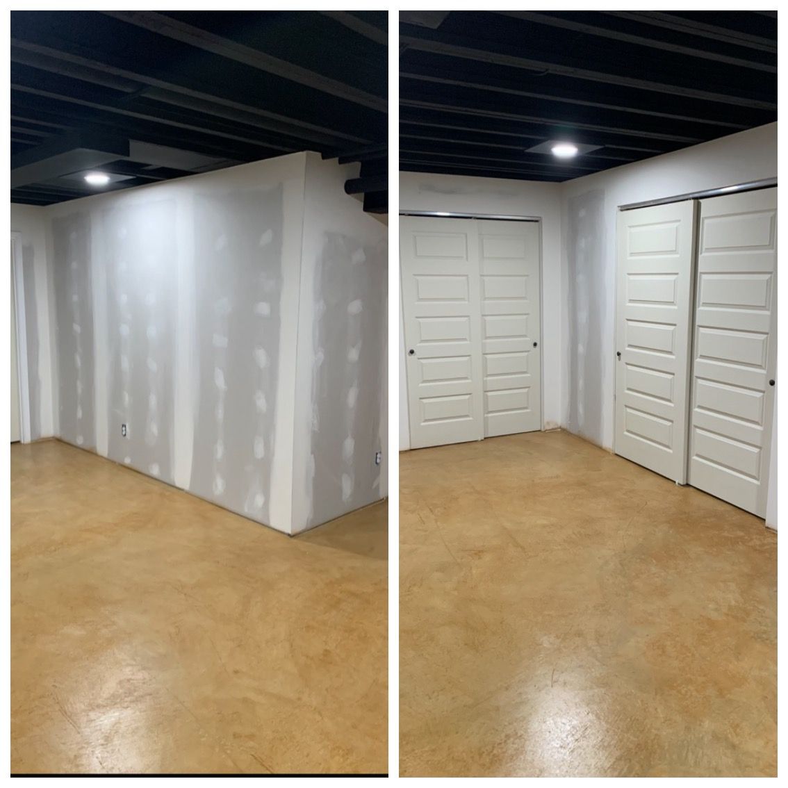 A before and after photo of a basement with drywall and white doors.