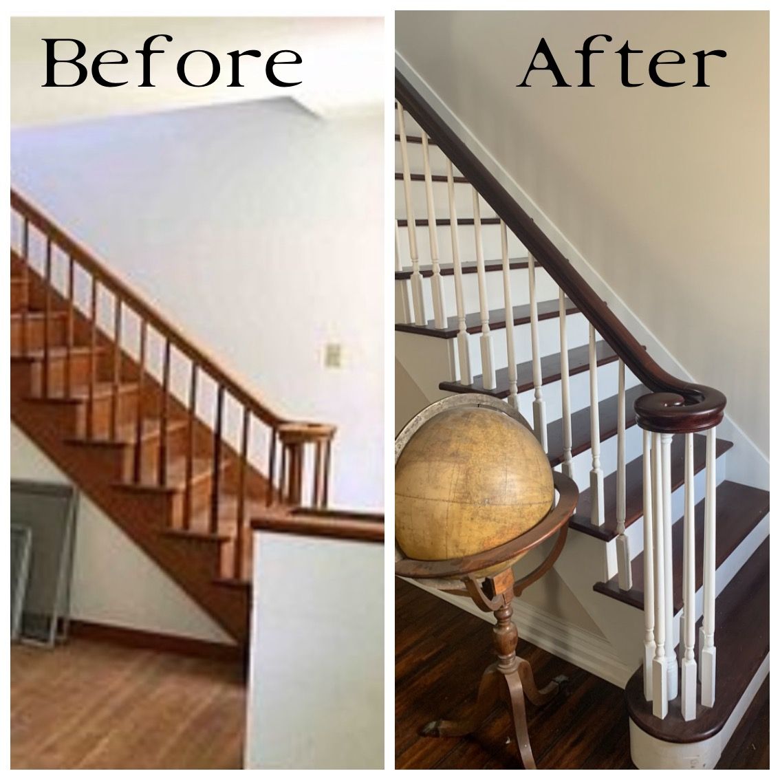 A before and after photo of a wooden staircase