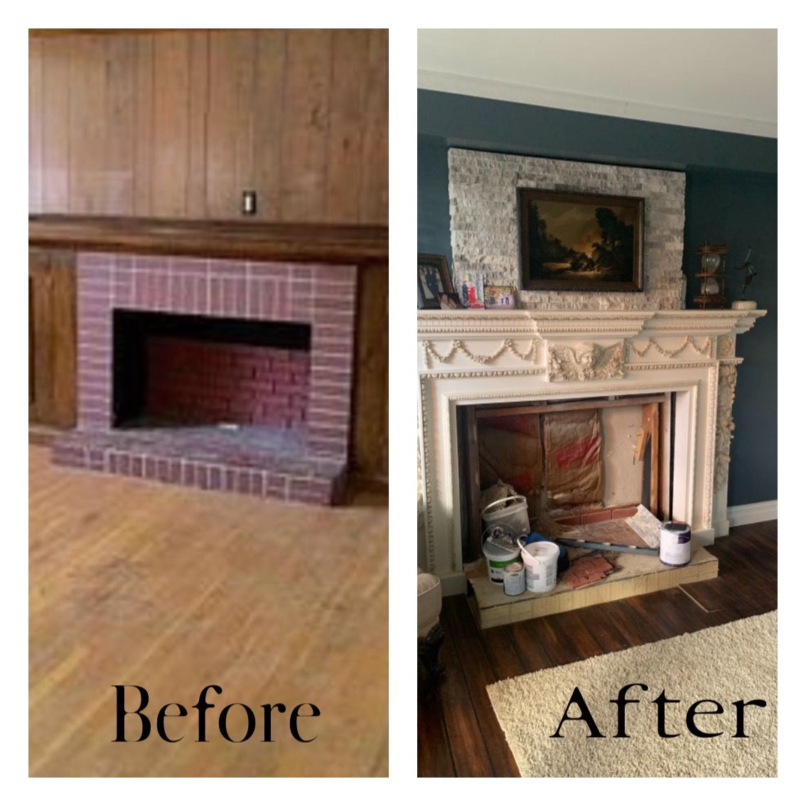 A before and after picture of a fireplace in a living room
