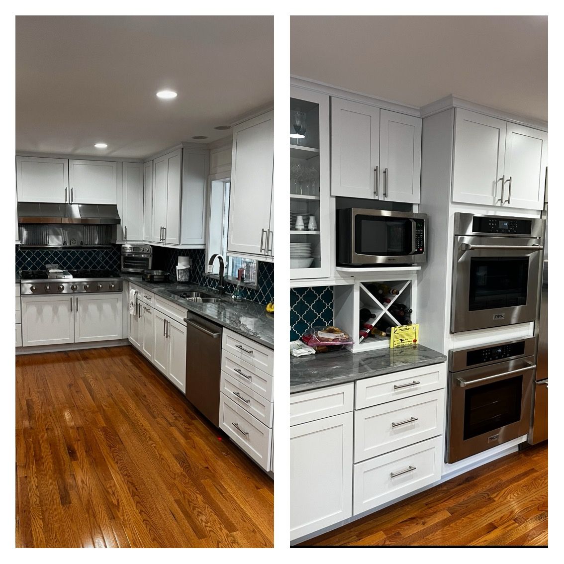 A before and after photo of a kitchen with white cabinets and stainless steel appliances.
