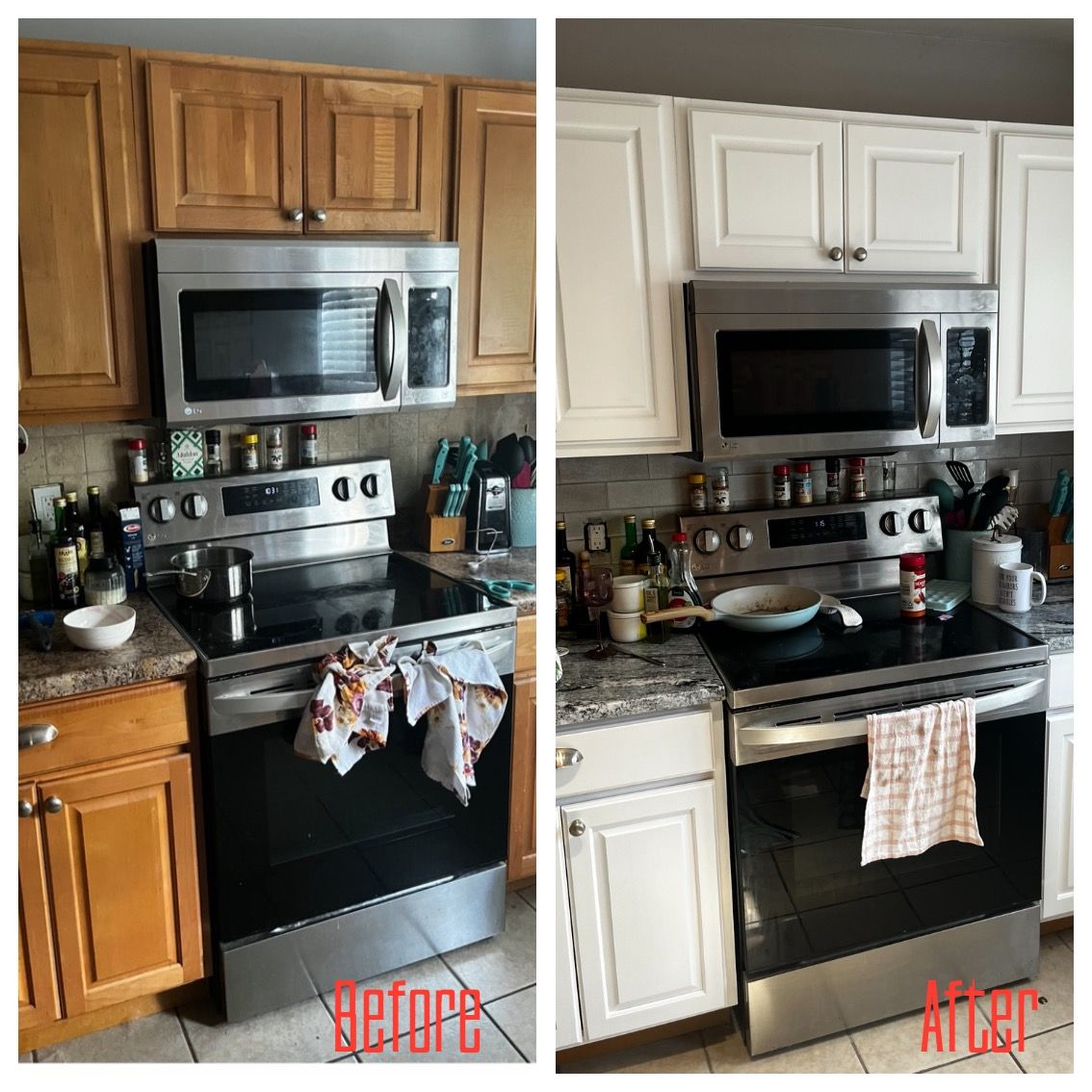 A before and after photo of a kitchen with stainless steel appliances and wooden cabinets.