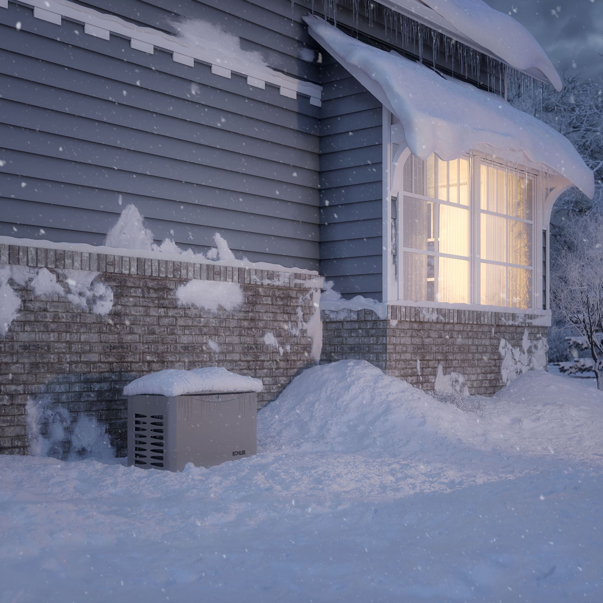 A snowy house with a generator in front of it