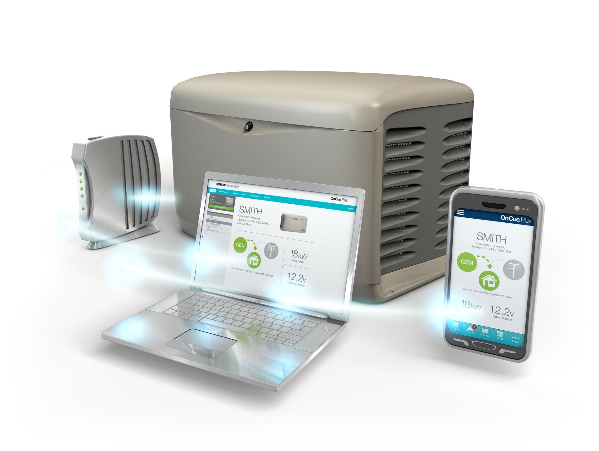 A laptop and a cell phone are connected to a generator.