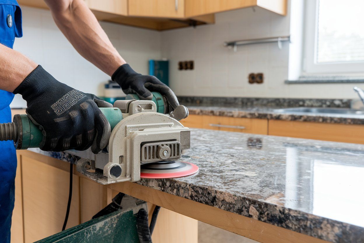A man is using a grinder to polish a granite counter top in a kitchen.