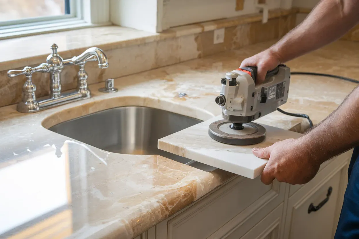 A man is polishing a granite counter top in a kitchen.