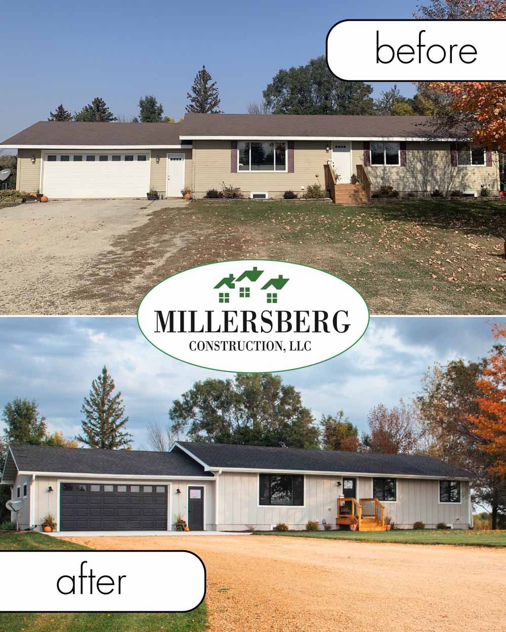 Before and after photo of a house remodel. Gray and white siding, black garage door, new landscaping.