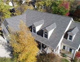 Gray-roofed house with dormers, surrounded by trees with yellow and green foliage.