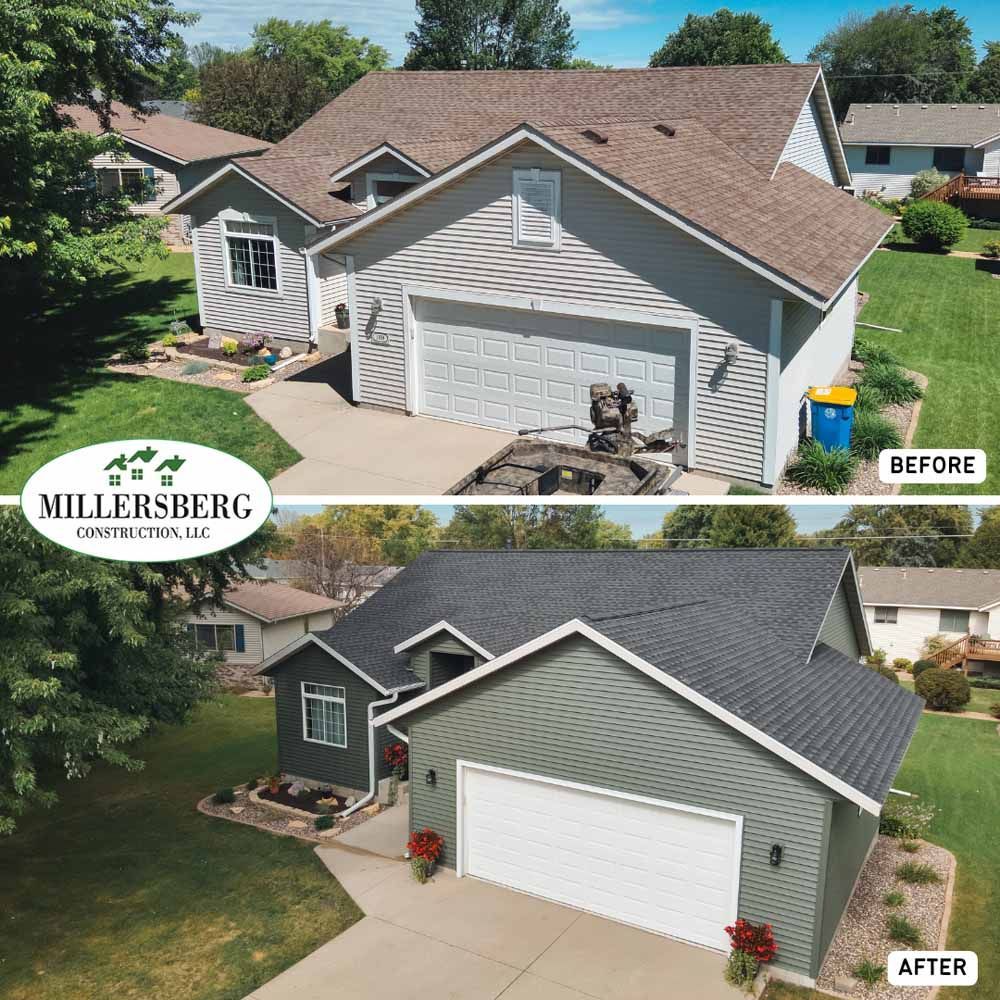 Before and after view of a house exterior renovation, with gray siding and roof.
