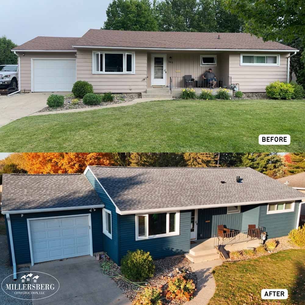 House exterior renovation: before and after shots. Tan to blue exterior, white trim, with garage and landscaping.