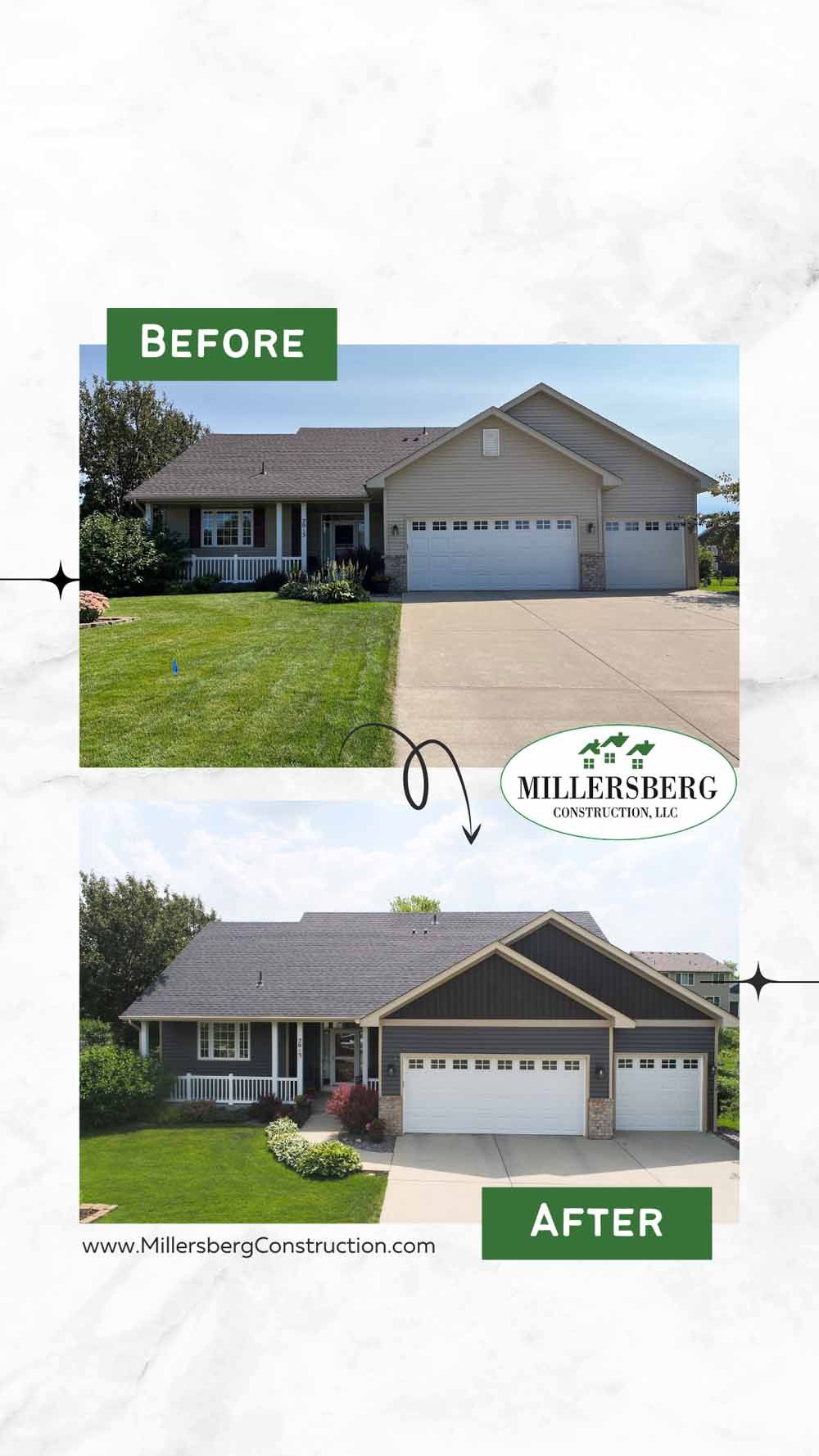 Before and after home exterior renovation. Gray house transforms to dark with white trim.