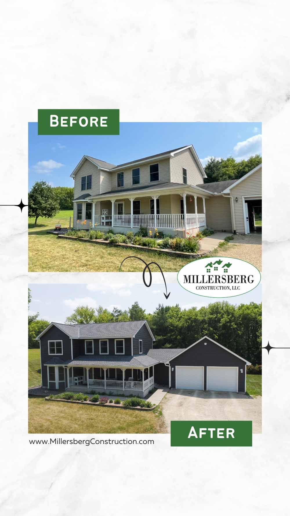 Before-and-after of a house. Beige exterior transformed to dark grey. Garage doors are now white.
