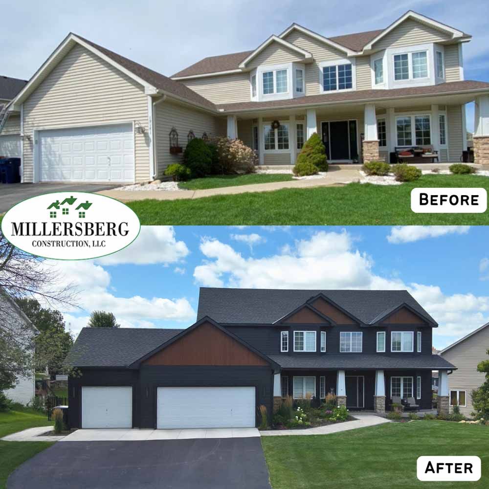Before/after view of a house remodel. Exterior changes include black siding, roof, and garage doors.