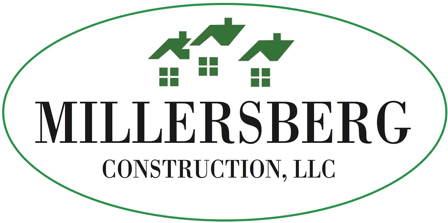Logo for Millersburg Construction, LLC, featuring three green house icons within a green oval frame, with black text below.