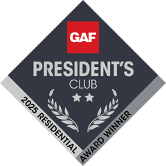 GAF President's Club award badge, 2025 Residential Winner. Dark gray diamond with red GAF logo, silver accents.