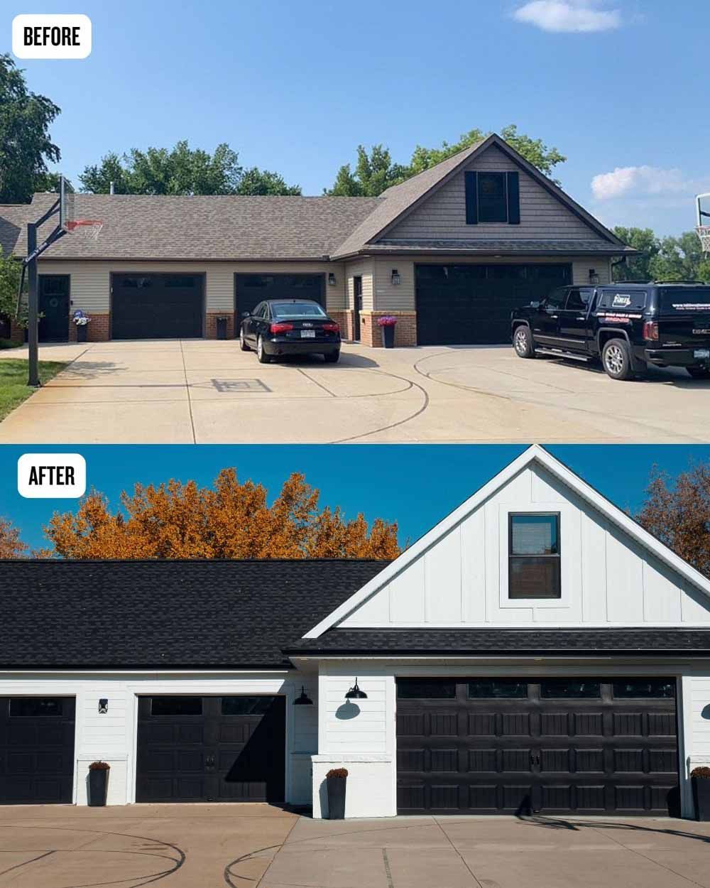 Before and after shots of a garage renovation. The 