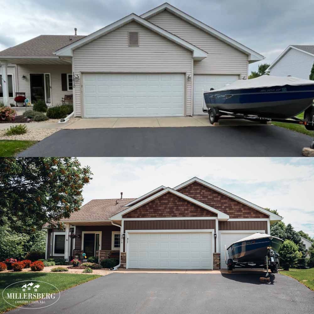 Two-part photo: before and after home exterior renovation. Beige siding updated to brown with decorative accents. Boat in driveway.
