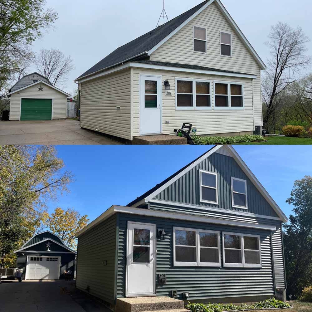 Before-and-after of a small house with a garage.  The house changes from cream to dark blue siding.
