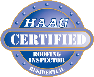 HAAG Certified Roofing Inspector logo: Blue and silver circular emblem with text.
