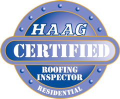 HAAG Certified Roofing Inspector logo: Blue and silver circular emblem with text.