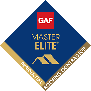 GAF Master Elite Residential Roofing Contractor logo: dark blue diamond with gold border, red GAF square, gold roof image.