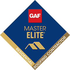 GAF Master Elite Residential Roofing Contractor logo: dark blue diamond with gold border, red GAF square, gold roof image.