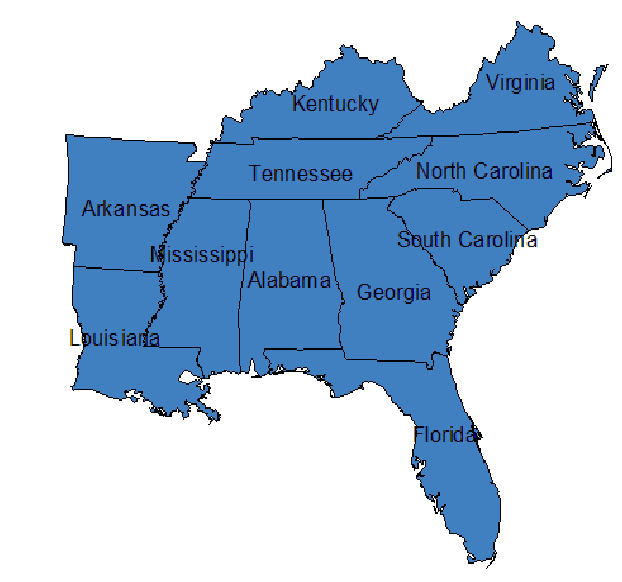 Map of the Southern United States, including states like Florida, Georgia, and North Carolina, colored blue.