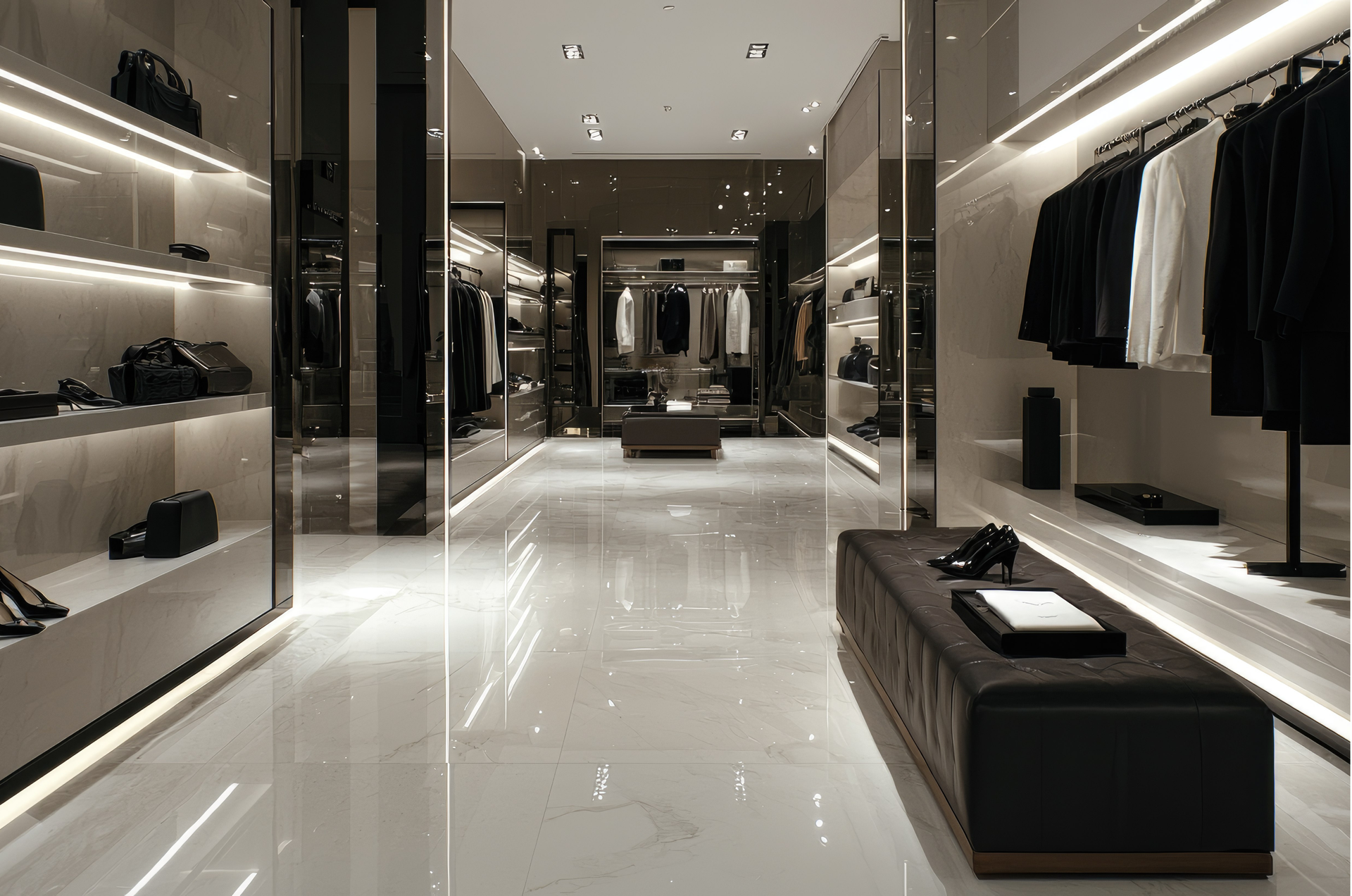 Luxury clothing store interior with shelves and racks displaying apparel and accessories.